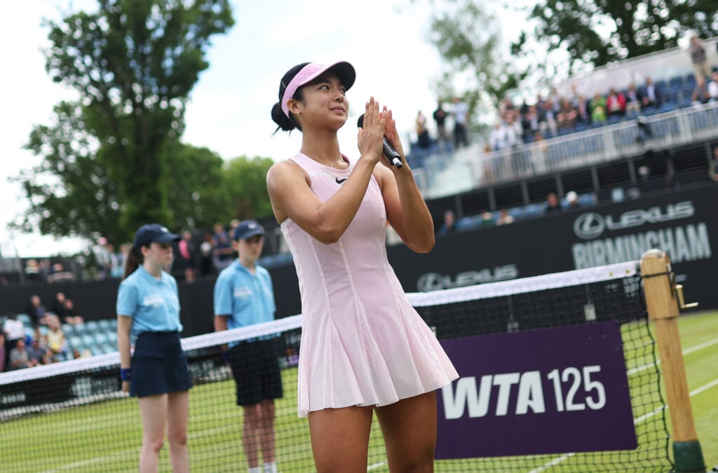 Alexandra Eala of Philippines acknowledges the fans after vicotry against Priscilla of Australia during the First Round on Day Two of the Lexus Birmingham Open at Edgbaston Priory Club on June 02, 2026 in Birmingham, England.
