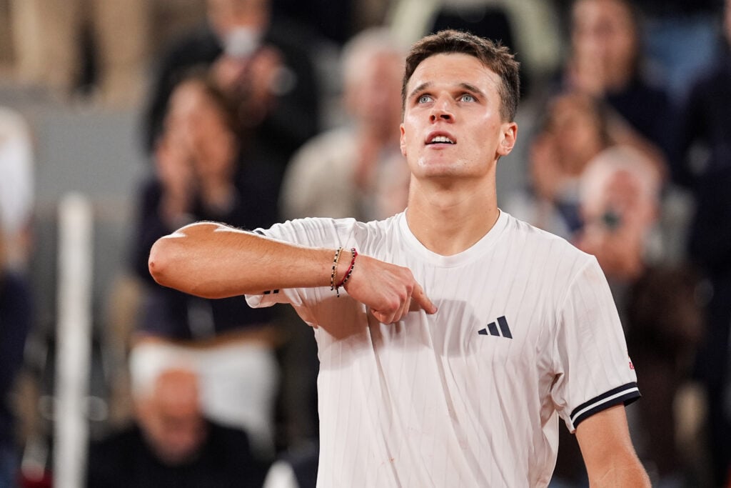 Jakub Mensik of Czech Republic celebrates the victory in the Men's Singles Quarter Finals match against Joao Fonseca of Brazil during Day ten of the 2026 French Open at Roland Garros on June 02, 2026 in Paris, France.