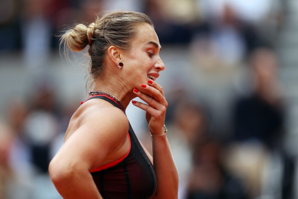 Aryna Sabalenka reacts as she is on the way to being defeated by Diana Shnaider in their Quarter final match during Day Eleven of the 2026 French Open at Roland Garros on June 03, 2026 in Paris, France.