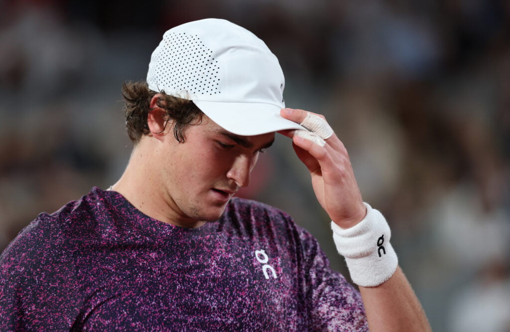 Joao Fonseca pictured during his quarter-final defeat at the 2026 French Open.