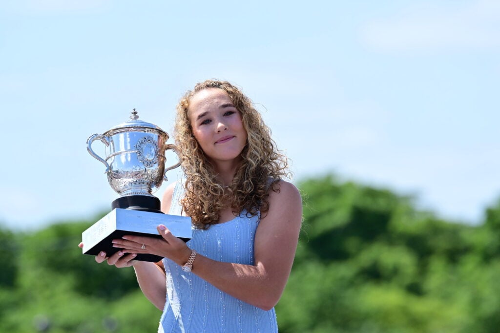 Mirra Andreeva poses with her trophy after winning the Roland Garros French Open tennis tournament final, at the Place de la Concorde with the Eiffel Tower in Paris, France on June 7, 2026. 19-year-old Andreeva became the youngest women's champion at Roland Garros in 34 years.