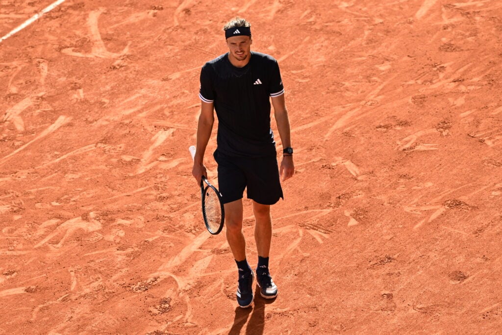 Germany's Alexander Zverev and Italy's Flavio Cobolli (not seen) compete during their men's final singles match on day 15 of the French Open tennis tournament on Court Philippe-Chatrier at the Roland-Garros Complex in Paris on June 7, 2026.