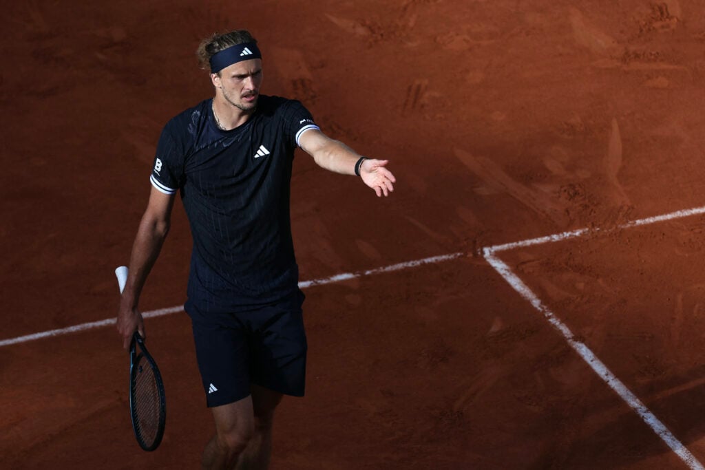 Germany's Alexander Zverev points at a court line as he plays against Italy's Flavio Cobolli during their men's final singles match on day 15 of the French Open tennis tournament on Court Philippe-Chatrier at the Roland-Garros Complex in Paris on June 7, 2026.