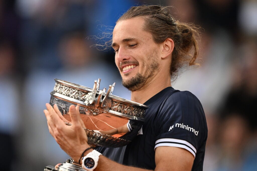 Alexander Zverev celebrates after winning his first Grand Slam at the 2026 French Open.