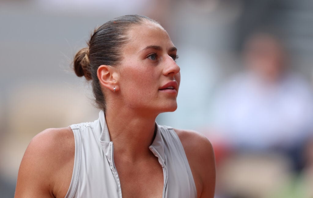 Marta Kostyuk looks on during her match against Mirra Andreeva at Roland Garros in 2026.