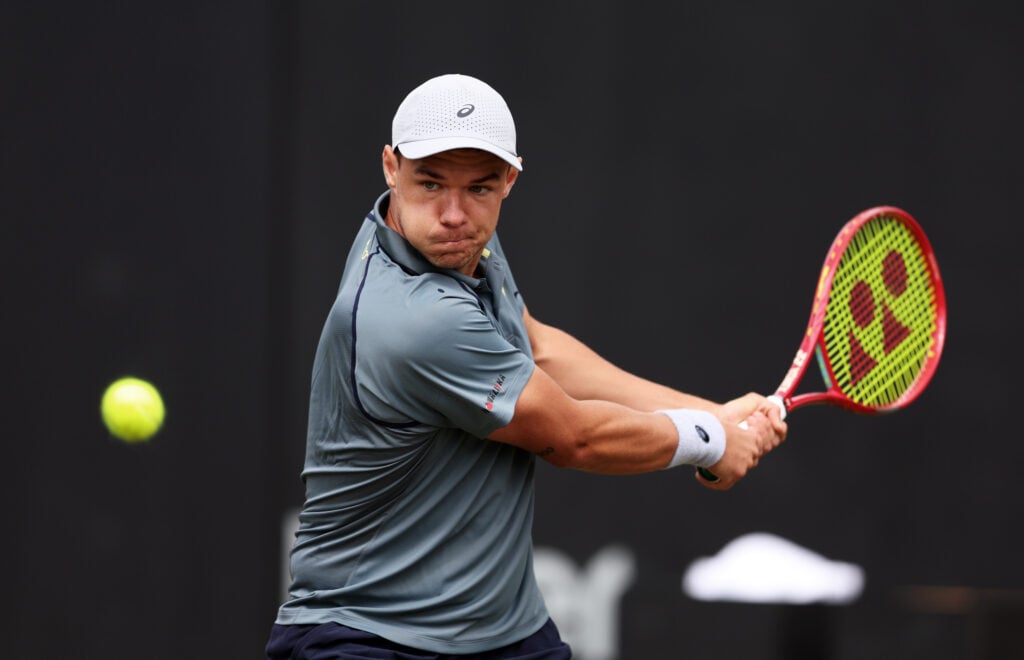Kamil Majchrzak of Poland in action against Sho Shimabukuro of Japan during the Quarter Final on Day Five of the Lexus Birmingham Open at Edgbaston Priory Club on June 05, 2026 in Birmingham, England.