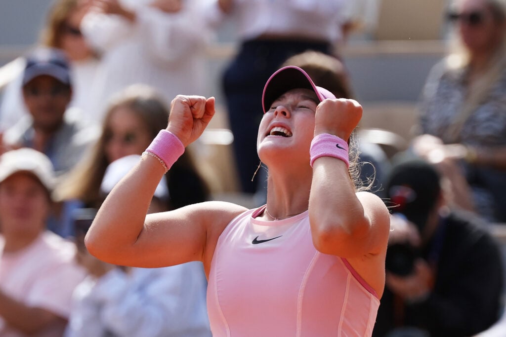 Mirra Andreeva celebrates after winning the French Open final.