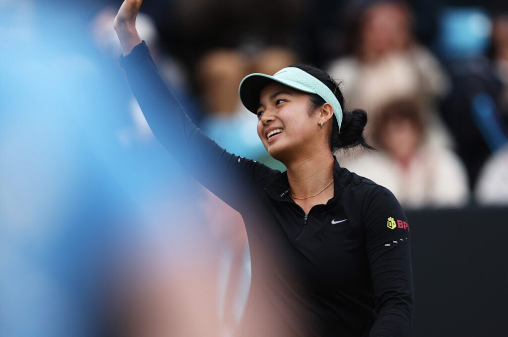 Alex Eala celebrates at the Birmingham Open.