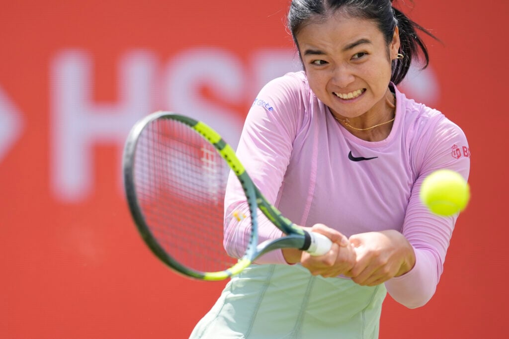 Alexandra Eala of the Philippines competes in her Round of 16 singles match at The HSBC Championships 2026 women's tennis tournament at The Queen's Club in London, England, on June 10, 2026.