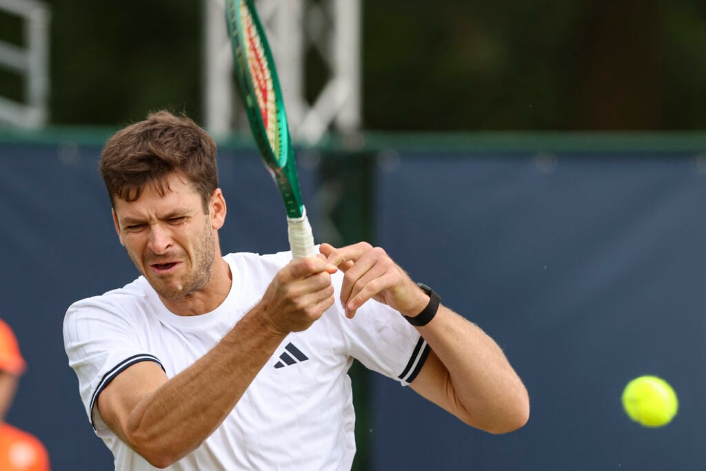 Hubert Hurkacz of Poland in action during the tennis game against Marton Fucsovics of Hungary at the Autotron venue during the the Rosmalen Grass Court Championships Libéma Open Tournament, an ATP 250 event in Den Bosch, the Netherlands on June 10, 2026