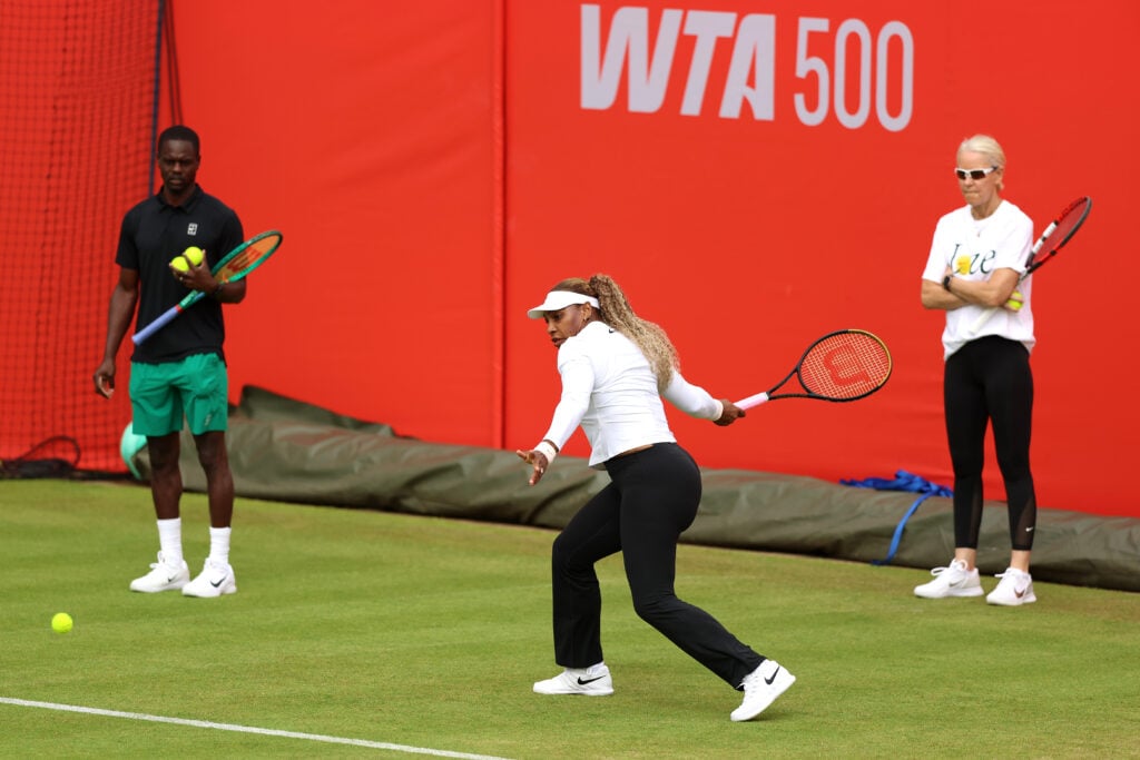 Serena Williams training ahead of her return to tennis at Queen's.