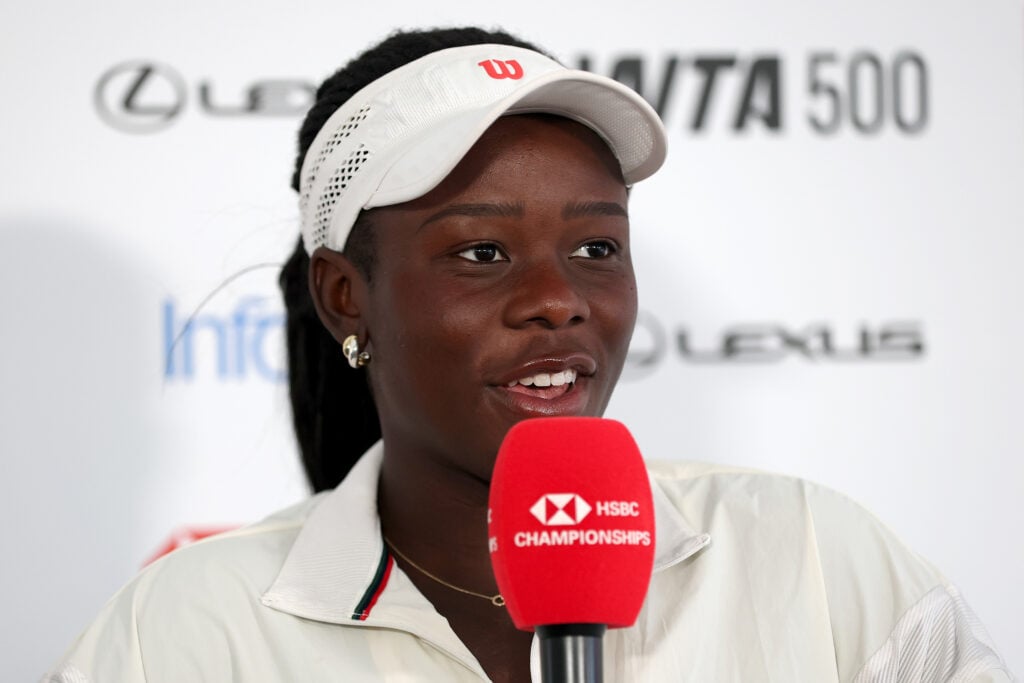 Victoria Mboko speaking in her pre-tournament press conference ahead of the Queen's Club Championships in 2026.
