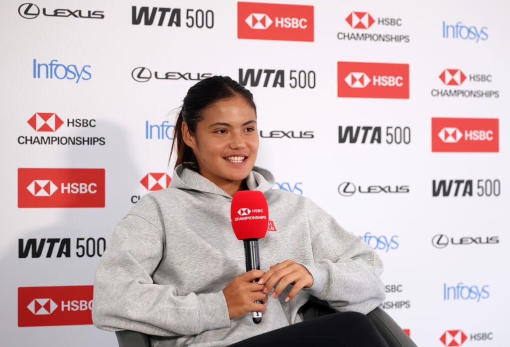 Emma Raducanu of Great Britain speaks to the media during a press conference ahead of the HSBC Championships at The Queen's Club on June 07, 2026 in London, England.