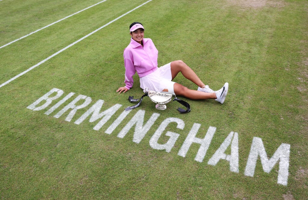 Alexandra Eala of Philippines poses for a photo with the winners trophy after victory over Nikola Bartunkova of Czechia in the Women's Singles Final on Day 7 of the Lexus Birmingham Open at Edgbaston Priory Club on June 07, 2026 in Birmingham, England.