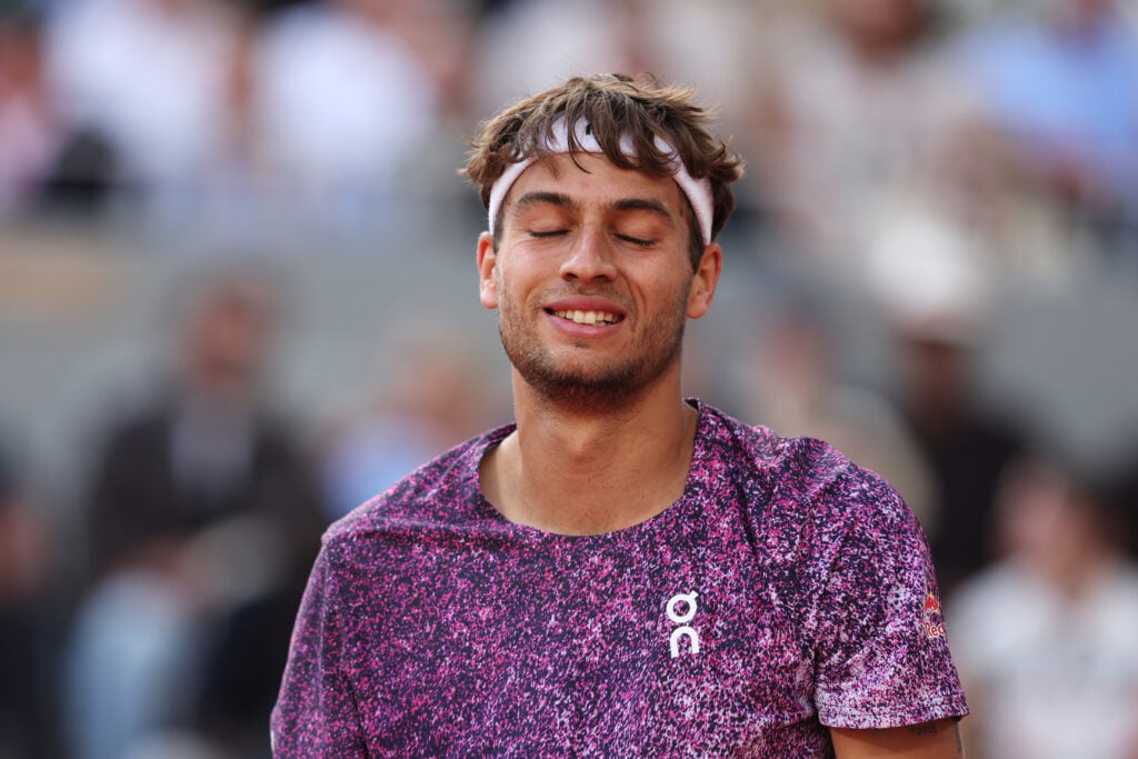 Flavio Cobolli of Italy looks dejected following defeat against Alexander Zverev of Germany in the Men's Singles final match on Day Fifteen of the 2026 French Open at Roland Garros on June 07, 2026 in Paris, France.