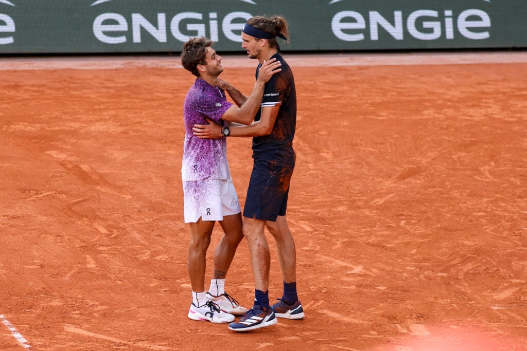Flavio Cobolli of Italy and Alexander Zverev of Germany during Day Fifteen of the 2026 French Open at Roland Garros on June 07, 2026 in Paris, France.