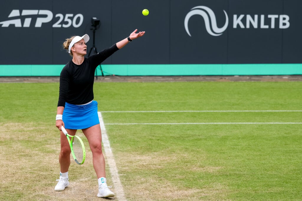 Barbora Krejcikova of the Czech Republic serves in her Women's Singles Second Round match against Hanne Vandewinkel of Belgium during Day 4 of the Libema Open Grass Court Championships at the Autotron on June 11, 2026 in Rosmalen, Netherlands
