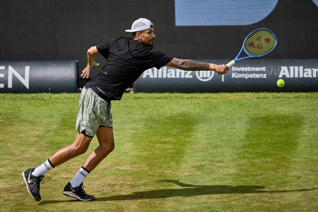 Nick Kyrgios of Australia plays a backhand in his Match against Sho Shimabukuro of Japan during Day 4 of the Boss Open 2026 at Tennisclub Weissenhof on June 11, 2026 in Stuttgart, Germany.