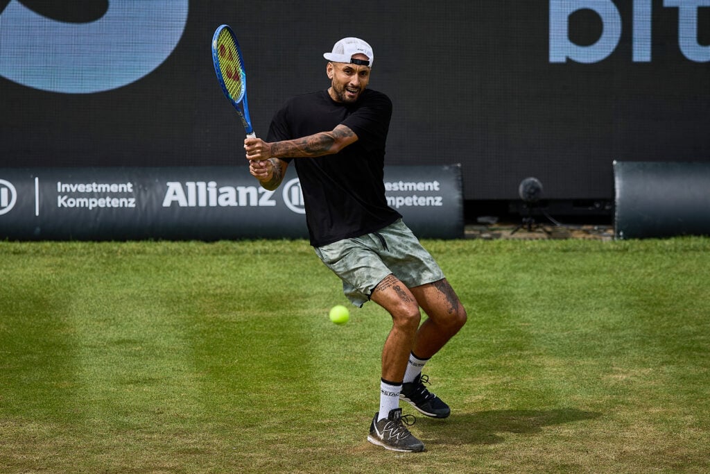 Nick Kyrgios of Australia plays a backhand in his Match against Sho Shimabukuro of Japan during Day 4 of the Boss Open 2026 at Tennisclub Weissenhof on June 11, 2026 in Stuttgart, Germany.