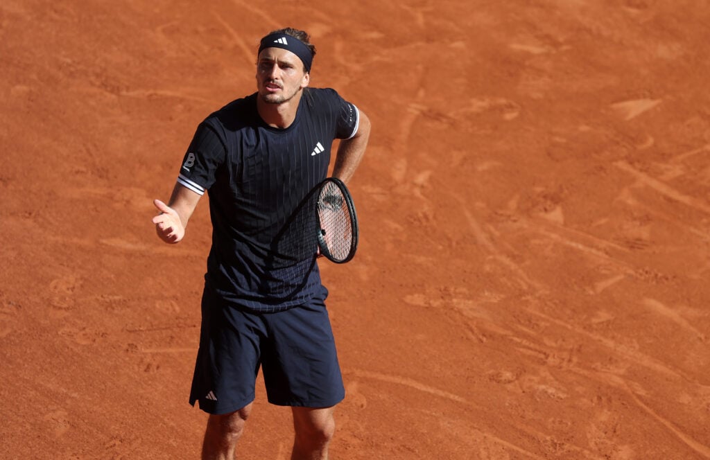 Alexander Zverev reacts during the 2026 French Open final.