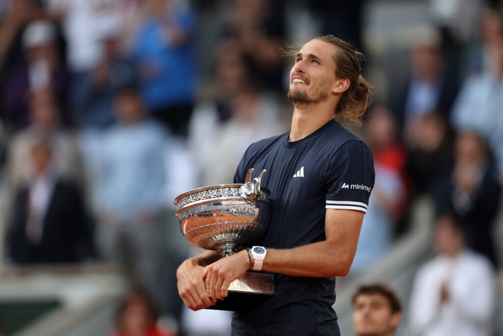 Alexander Zverev of Germany is seen with the trophy after defeating Flavio Cobolli of Italy in the Men's final on Day Fifteen of the 2026 French Open at Roland Garros on June 07, 2026 in Paris, France.