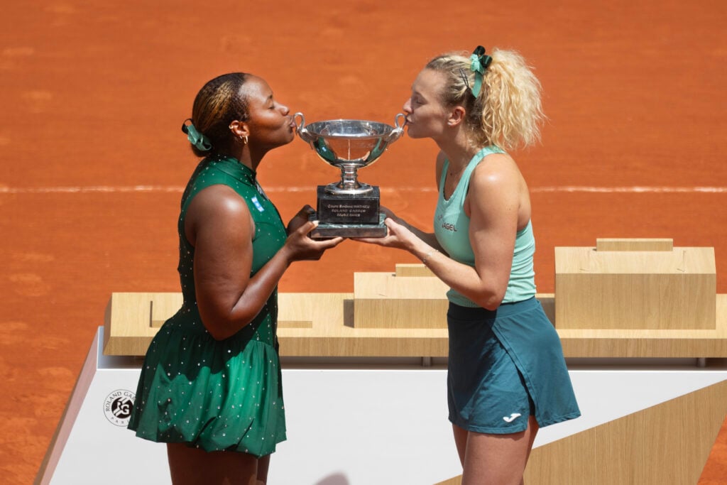 Katerina Siniakova and Taylor Townsend celebrate winning the 2026 French Open.