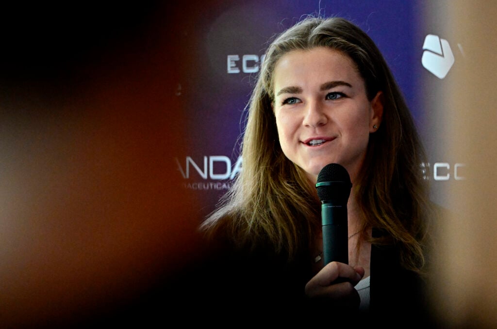 Karolina Muchova pictured during a press conference at the Berlin Open.