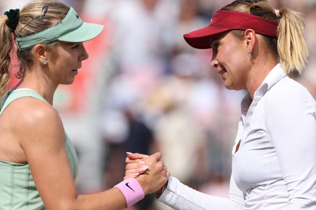 Katie Boulter and Donna Vekic shake hands after their Queen's semi-final.