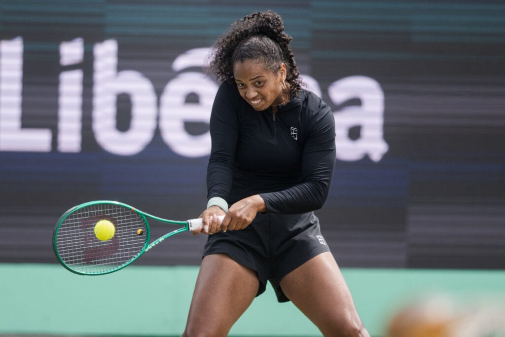 Robin Montgomery of the United States plays a backhand against Ajla Tomljanovic of Australia during their WTA Singles Semifinal match at the Libema Open at Autotron 's-Hertogenbosch in 's-Hertogenbosch, Netherlands, on June 13, 2026.