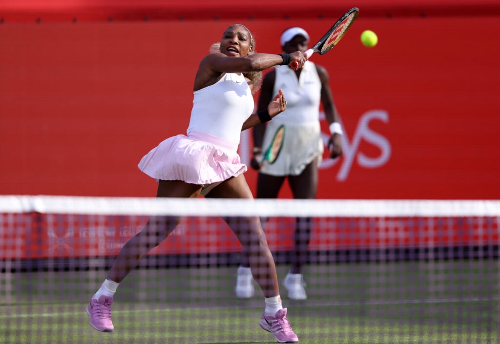 Serena Williams hits a forehand at Queen's in 2026.