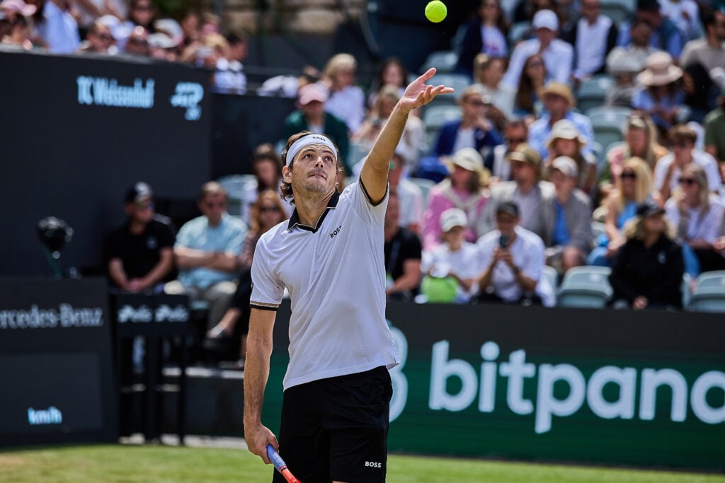 Taylor Fritz serves at the 2026 Stuttgart Open.