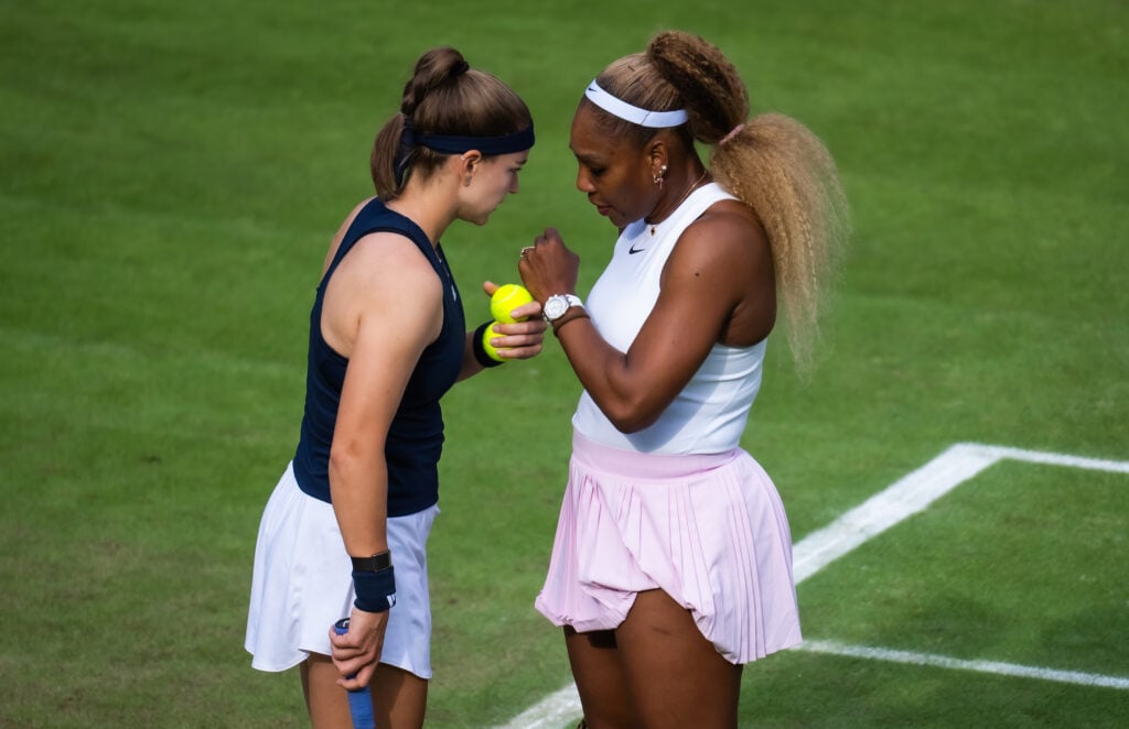 Serena Williams and Karolina Muchova play doubles together at the Berlin Open.