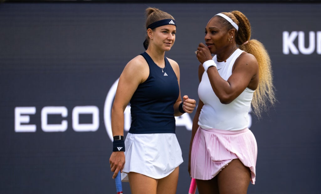 Serena Williams of the United States and Karolina Muchova of the Czech Republic in action against Giuliana Olmos of Mexico and Erin Routliffe of New Zealand in the first round of doubles on Day Two of the 2026 Berlin Tennis Open at LTTC Rot-Weiß e.V. on June 16, 2026 in Berlin, Germany