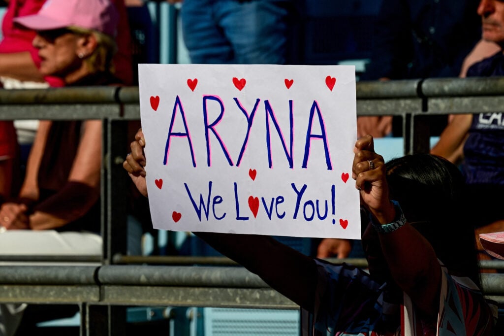 An Aryna Sabalenka fan holds up a sign during the 2026 Berlin Open.