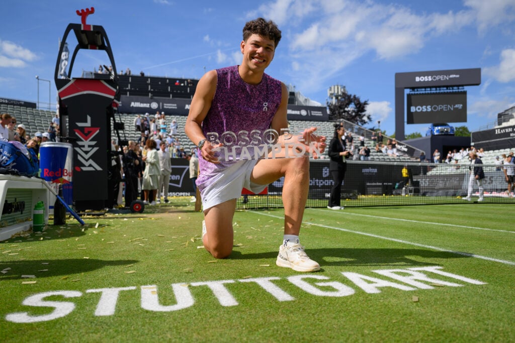 Ben Shelton poses with the trophy after winning the 2026 Stuttgart Open.