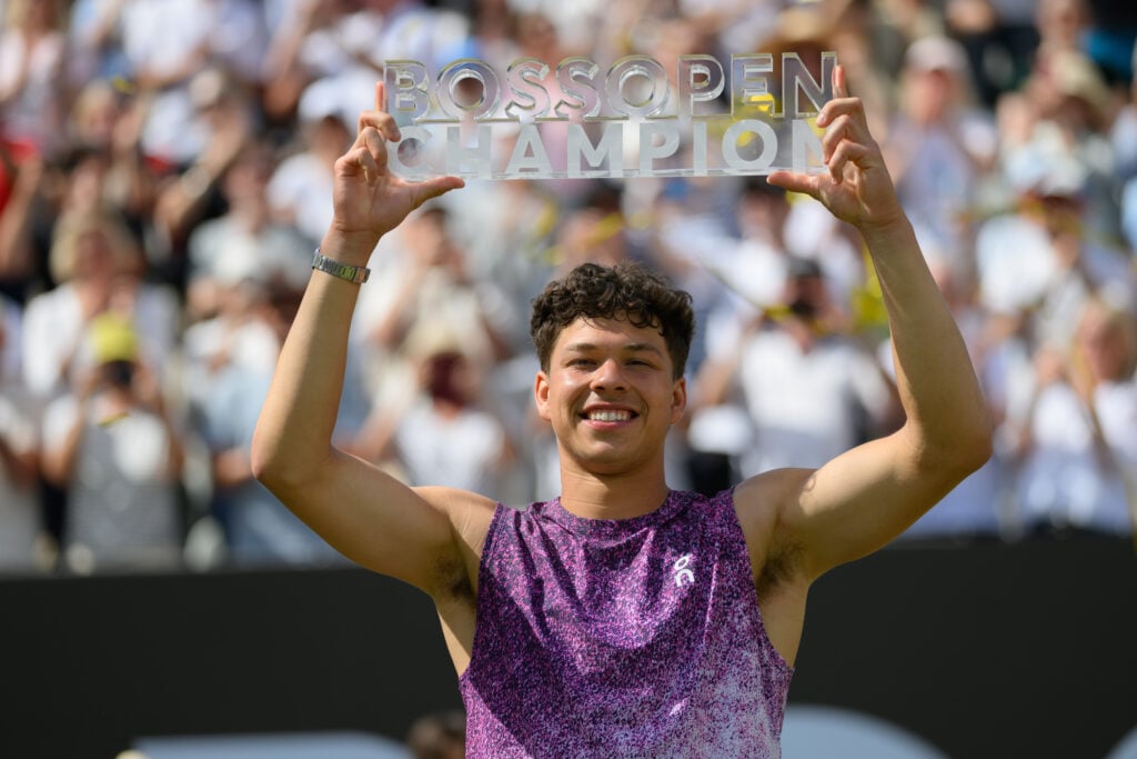 Ben Shelton celebrates winning the 2026 Stuttgart Open.