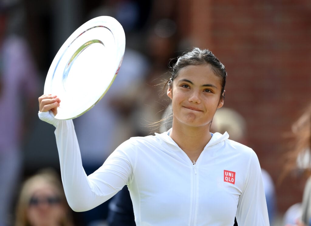Emma Raducanu of Great Britain holds the HSBC Championships 2026 Runner-Up Trophy following defeat to Donna Vekic of Croatia during the Women's Singles final match on Day Seven of the HSBC Championships at The Queen's Club on June 14, 2026 in London, England.