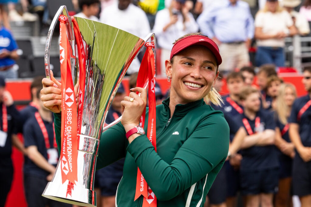 Donna Vekic poses with the trophy after beating Emma Raducanu to win the 2026 Queen's Club Championships.