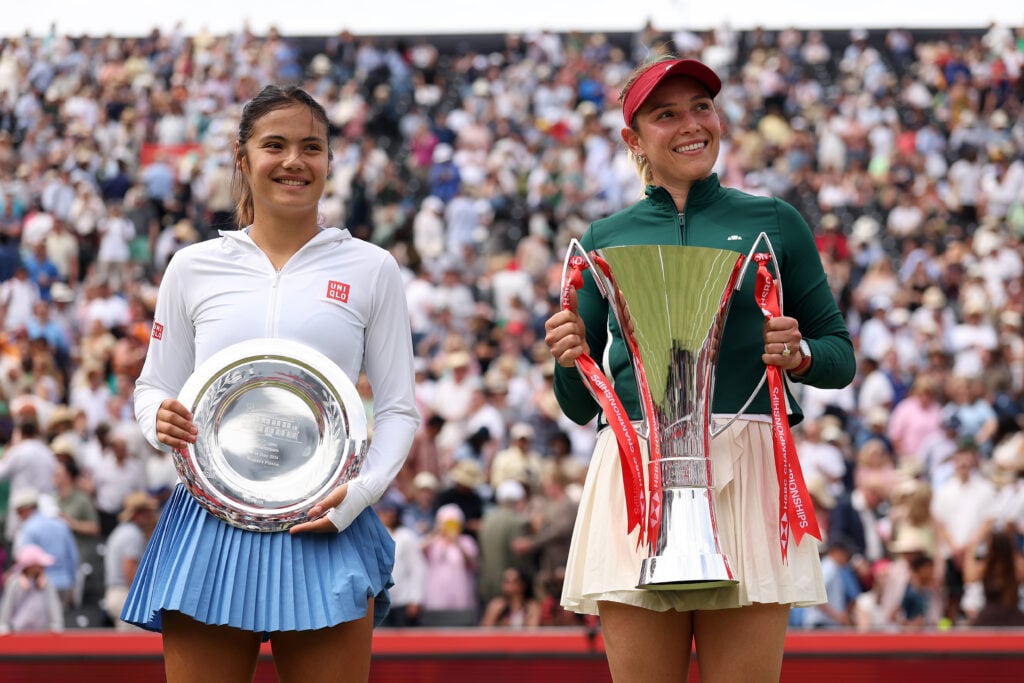 Runner-Up Emma Raducanu of Great Britain and Winner Donna Vekic of Croatia pose for a photo with their trophy after the Women's Singles final match on Day Seven of the HSBC Championships at The Queen's Club on June 14, 2026 in London, England.