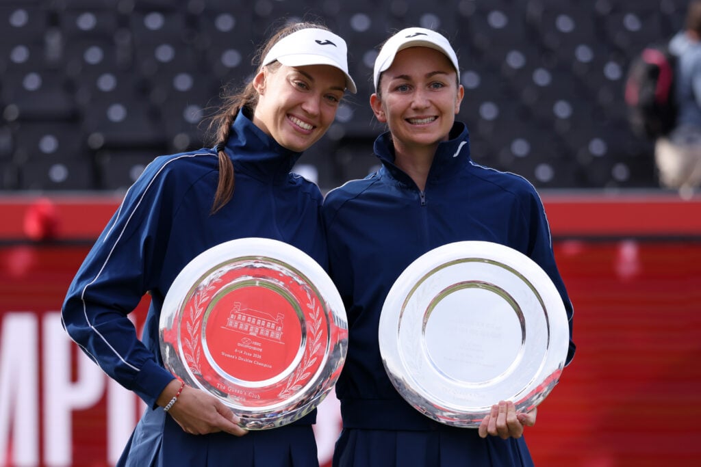 Tereza Mihalikova of Slovakia and Olivia Nicholls of Great Britain pose for a photo with the HSBC Championships 2026 Doubles Winners Trophies following victory over Leylah Fernandez of Canada and Laura Siegemund of Germany during the Women's Doubles final match on Day Seven of the HSBC Championships at The Queen's Club on June 14, 2026 in London, England.