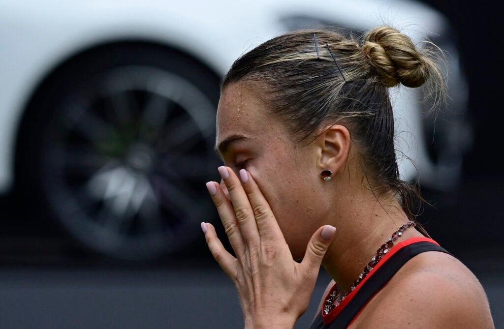 Belarus' Aryna Sabalenka reacts after losing a point against Jessica Pegula of the US during their women's singles semi-final match at the WTA500 Berlin Tennis Open tournament in Berlin on June 20, 2026.