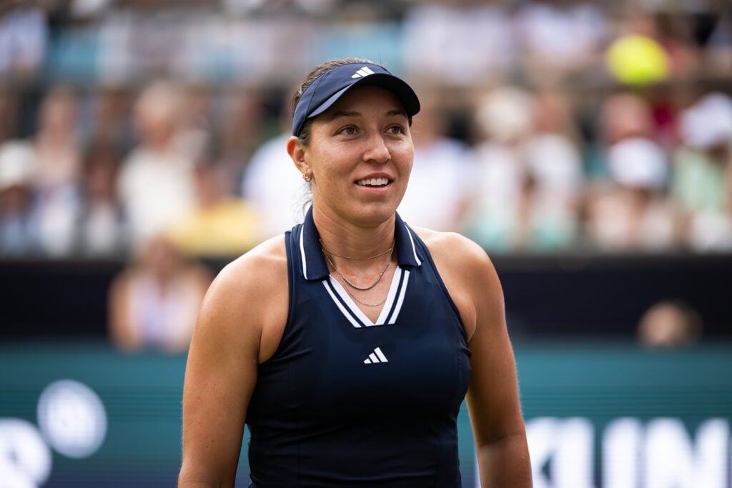 Jessica Pegula of the United States reacts while playing against Aryna Sabalenka in the semi-final on Day Six of the 2026 Berlin Tennis Open at LTTC Rot-Weiß e.V. on June 20, 2026 in Berlin, Germany