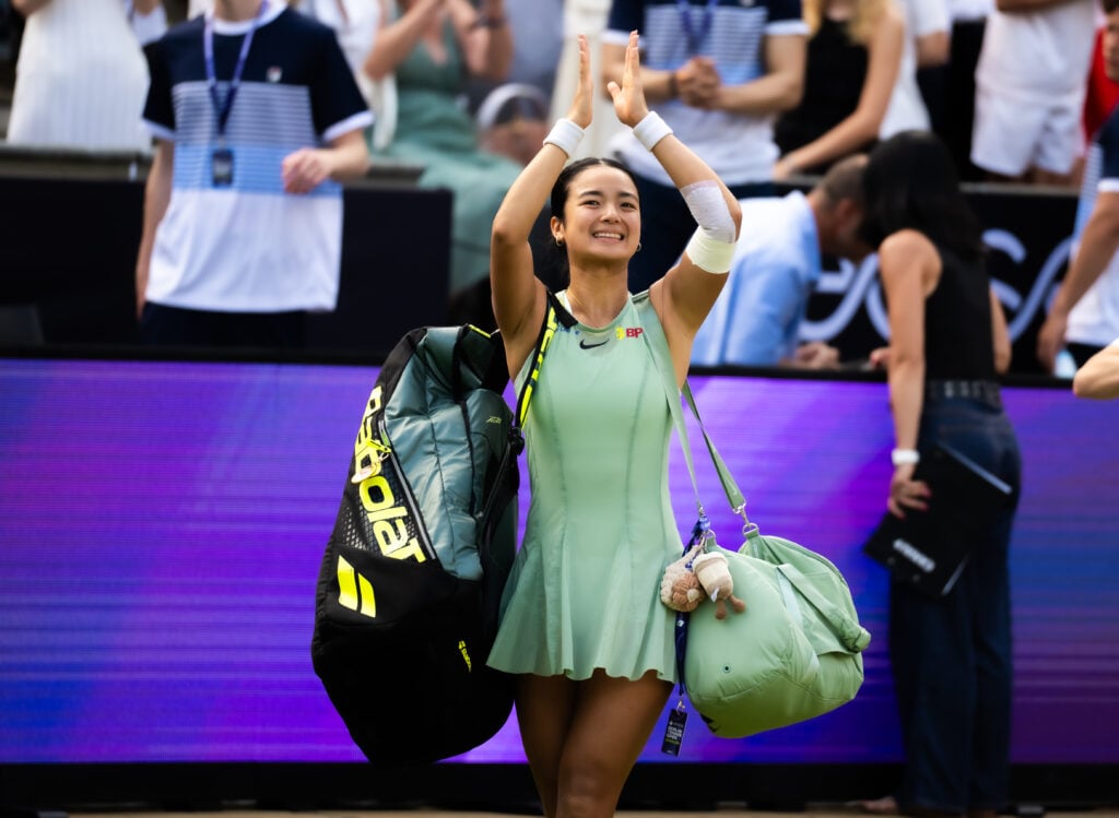 Alexandra Eala walks off court after losing to Linda Noskova at the 2026 Berlin Open.