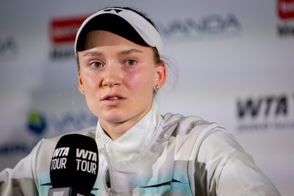 Elena Rybakina of Kazakhstan talks during a press conference after her defeat during the women's singles match against Alexandra Eala of the Philippines during day four of the Berlin Tennis Open at LTTC Rot-Weiß e.V. on June 18, 2026 in Berlin, Germany.