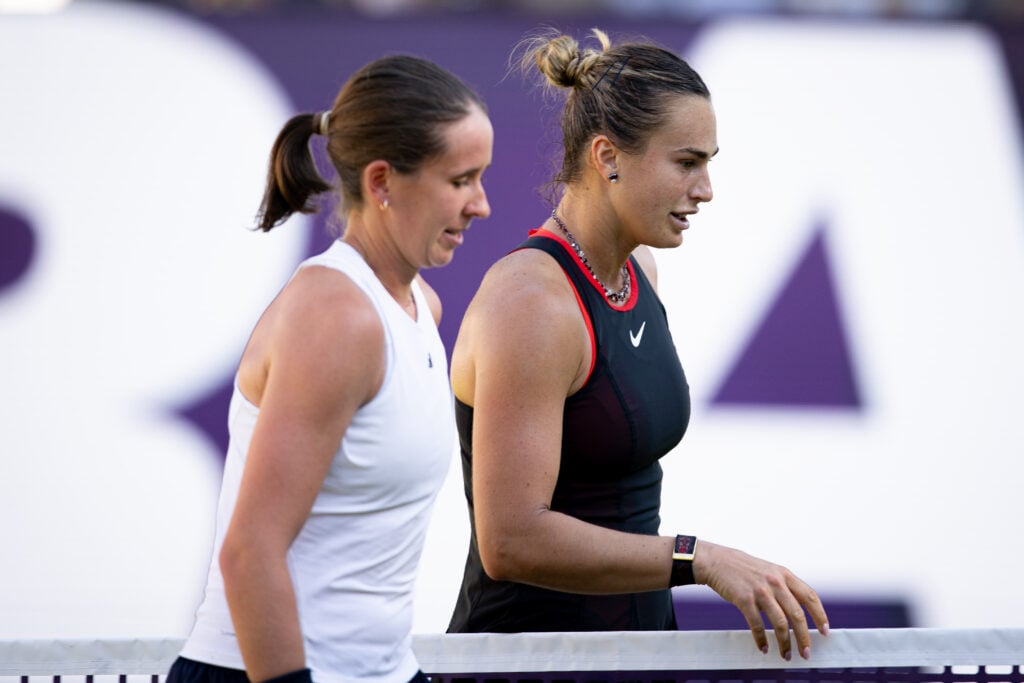 Nikola Bartunkova and Aryna Sabalenka pictured together after their quarter-final match at the 2026 Berlin Open.