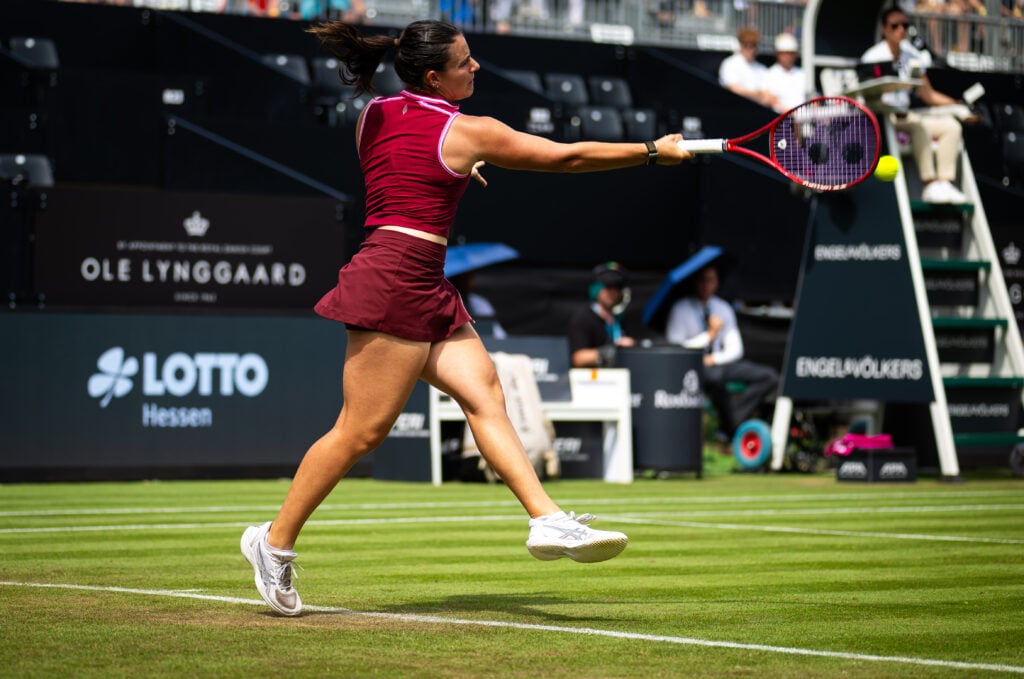 Emma Navarro of the United States in action against Eva Lys of Germany in the first round on Day Three of the Bad Homburg Open on June 23, 2026 in Bad Homburg, Germany