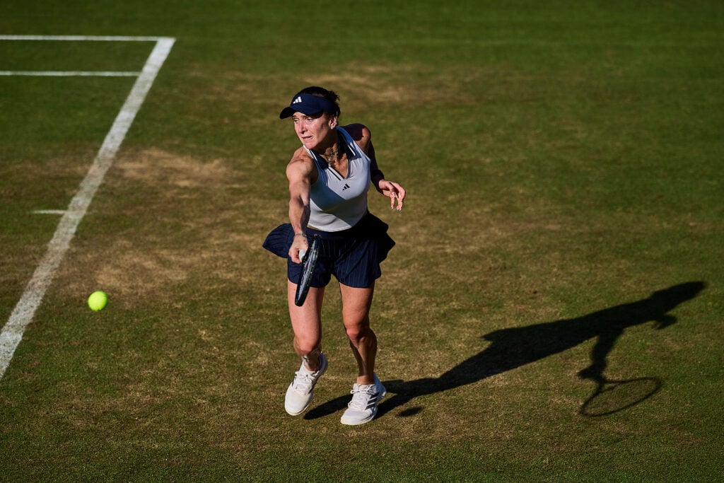 Elina Svitolina of Ukraine plays a backhand in her Women's Singles Second Round match against Liudmila Samsonova during day 4 of the Bad Homburg Open 2026 at TC Bad Homburg on June 23, 2026 in Bad Homburg, Germany.