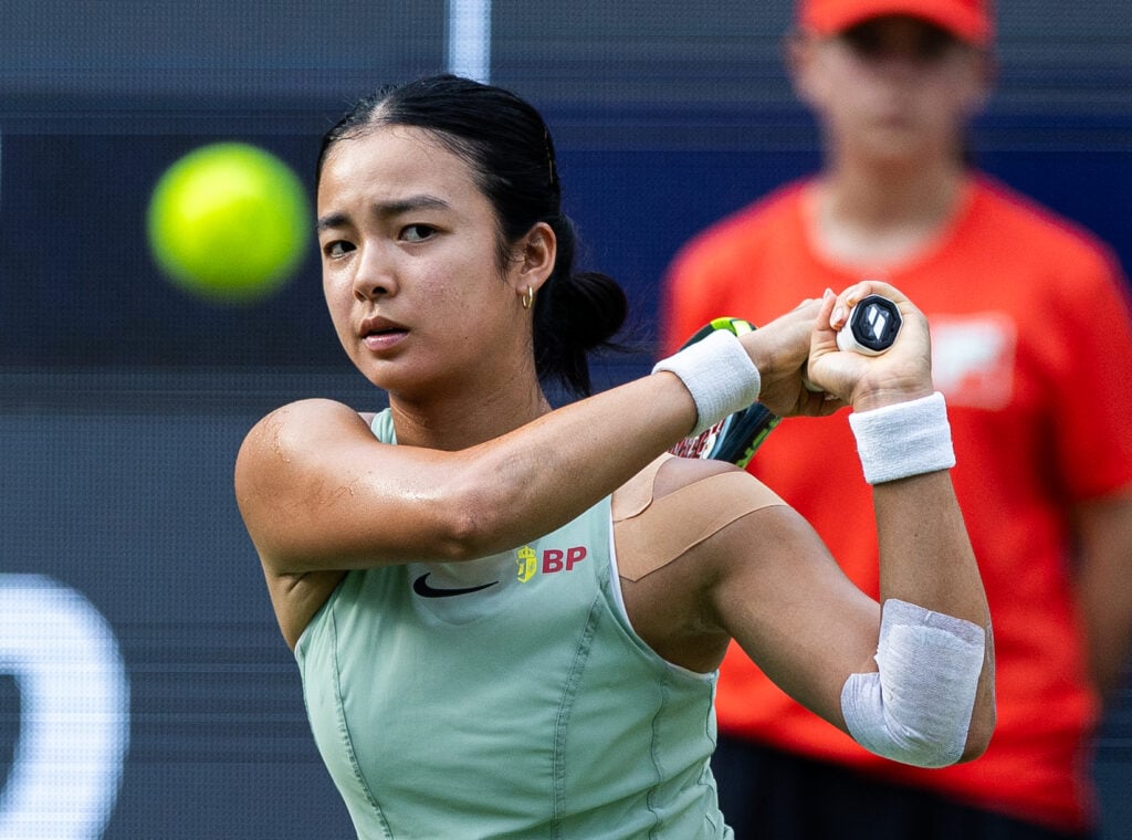 Alexandra Eala of the Philippines hits a backhand against Linda Noskova of Czech Republic during the women's singles semifinal tennis match on day six of the Berlin Tennis Open at LTTC Rot-Weiß e.V. on June 20, 2026 in Berlin, Germany.