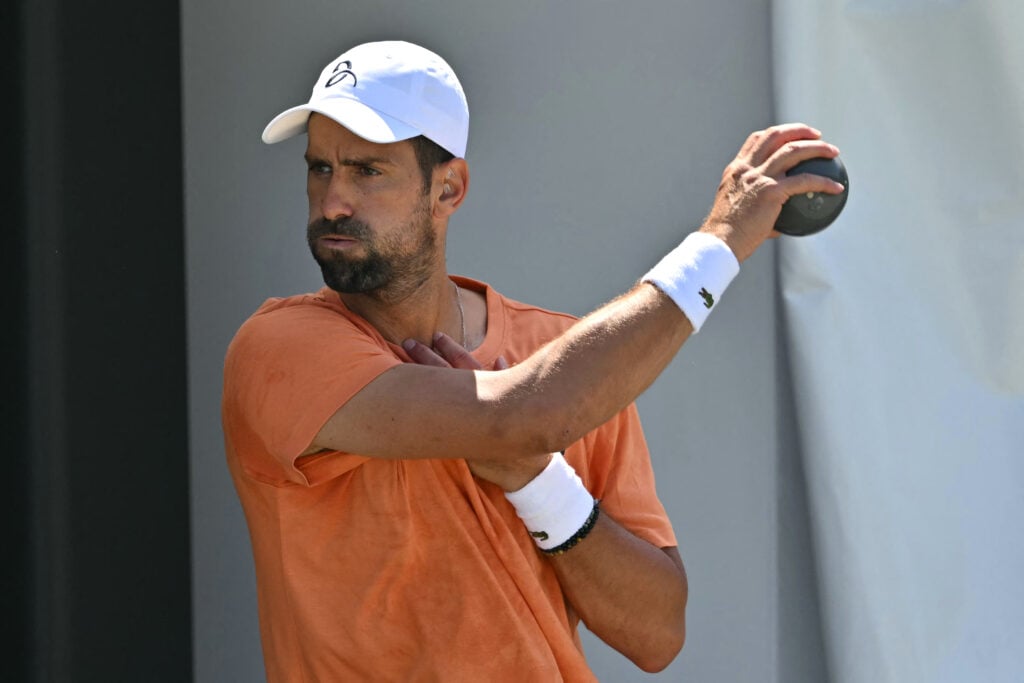 Novak Djokovic practices ahead of his return to tennis at Wimbledon.