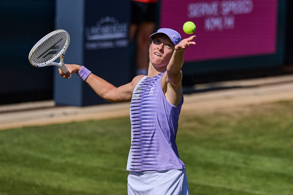 Iga Swiatek seen serving at the 2026 Bad Homburg Open.